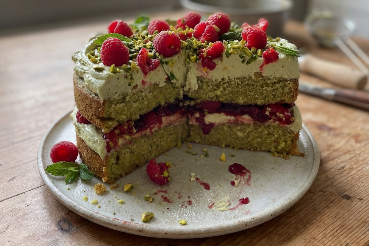 Darmfreundlicher zuckerfreier Pistazien-Himbeer-Kuchen