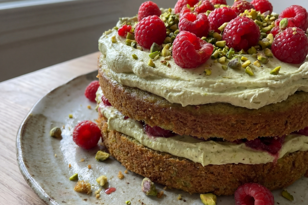 Darmfreundlicher zuckerfreier Pistazien-Himbeer-Kuchen